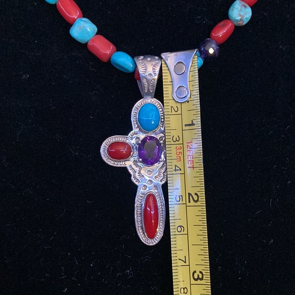 Jay King Sterling Amethyst Red Coral Turquoise Cross Beaded Necklace 10” - Picture 4 of 4
